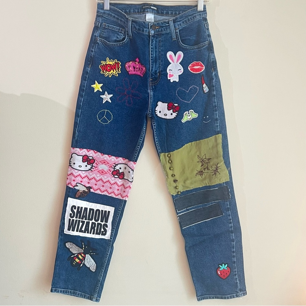 Patchwork Women's Jeans Handmade yellow kitty’s patchwork jeans